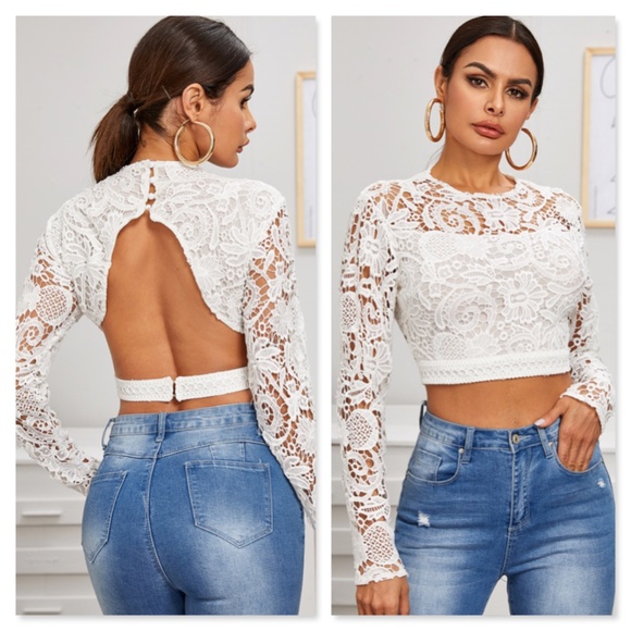 Rouge! Tops - Backless White Lace Long Sleeve Crop Top